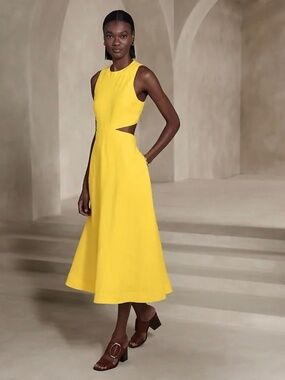 BANANA REPUBLIC Lina Linen Cut Out Midi Dress in Yellow - NWT! - 6